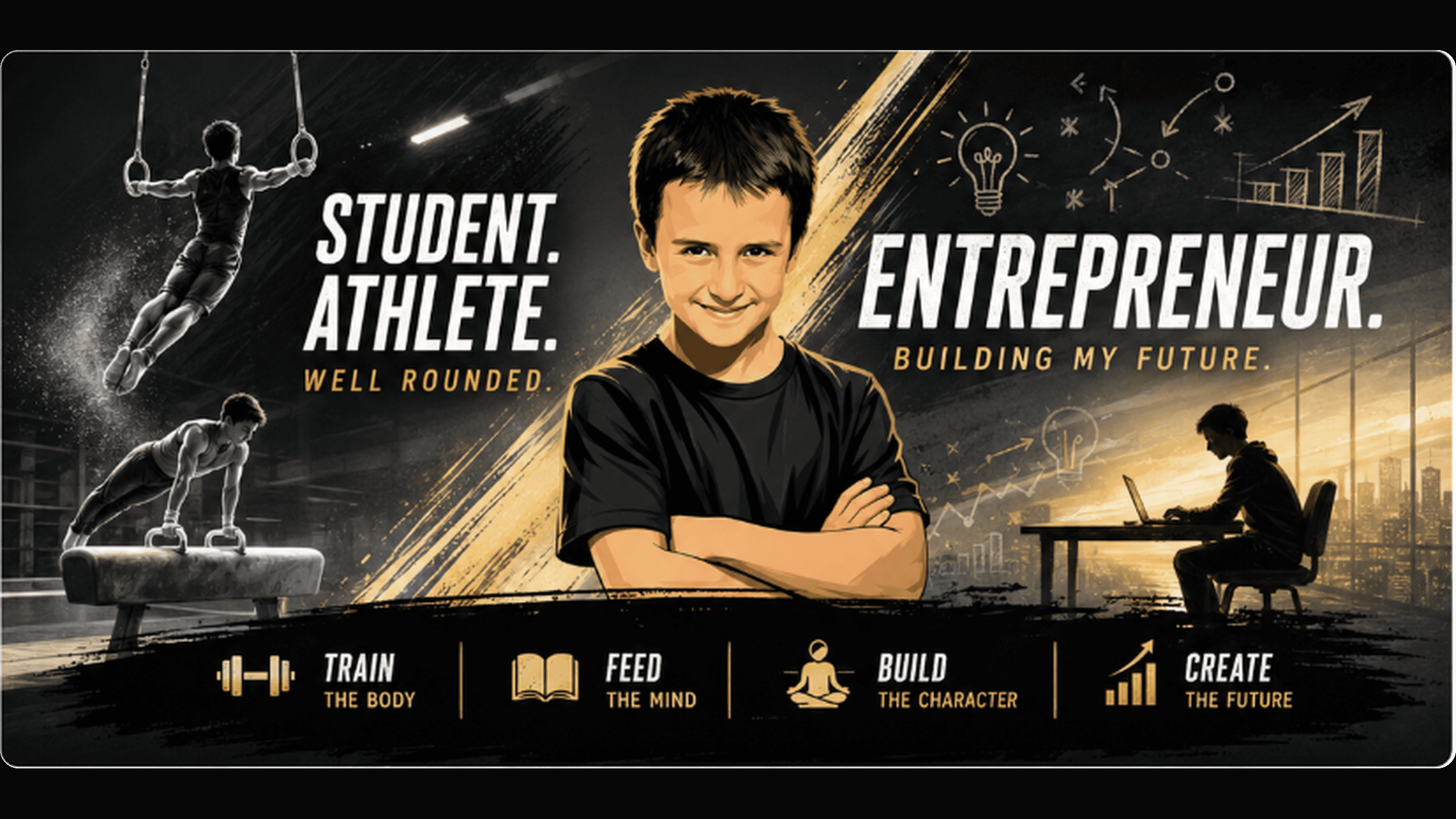Illustrated banner: Lukas with gymnastics rings and pommel horse figures, captioned Student. Athlete. Entrepreneur.